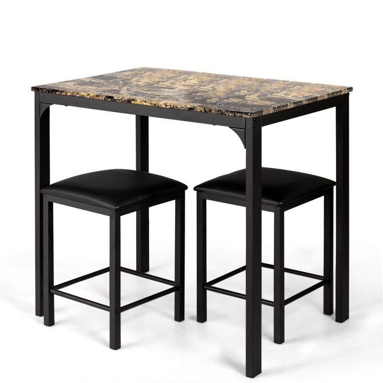 Modern 3-Piece Dining Set Brown Faux Marble Table-Top and 2 Black Chairs Stools - Tampa Home & Garden Store