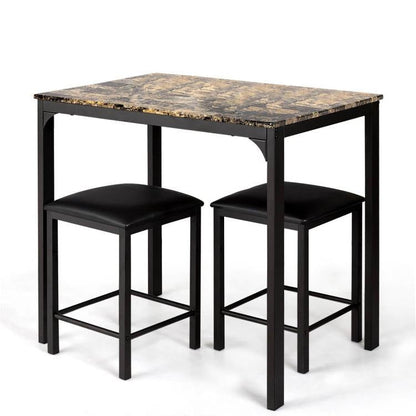 Modern 3-Piece Dining Set Brown Faux Marble Table-Top and 2 Black Chairs Stools - Tampa Home & Garden Store