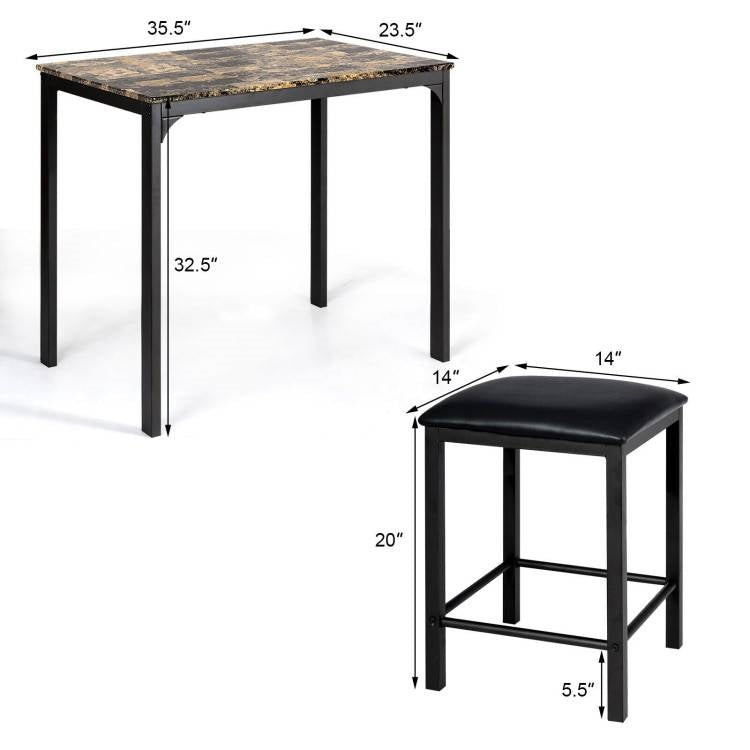 Modern 3-Piece Dining Set Brown Faux Marble Table-Top and 2 Black Chairs Stools - Tampa Home & Garden Store