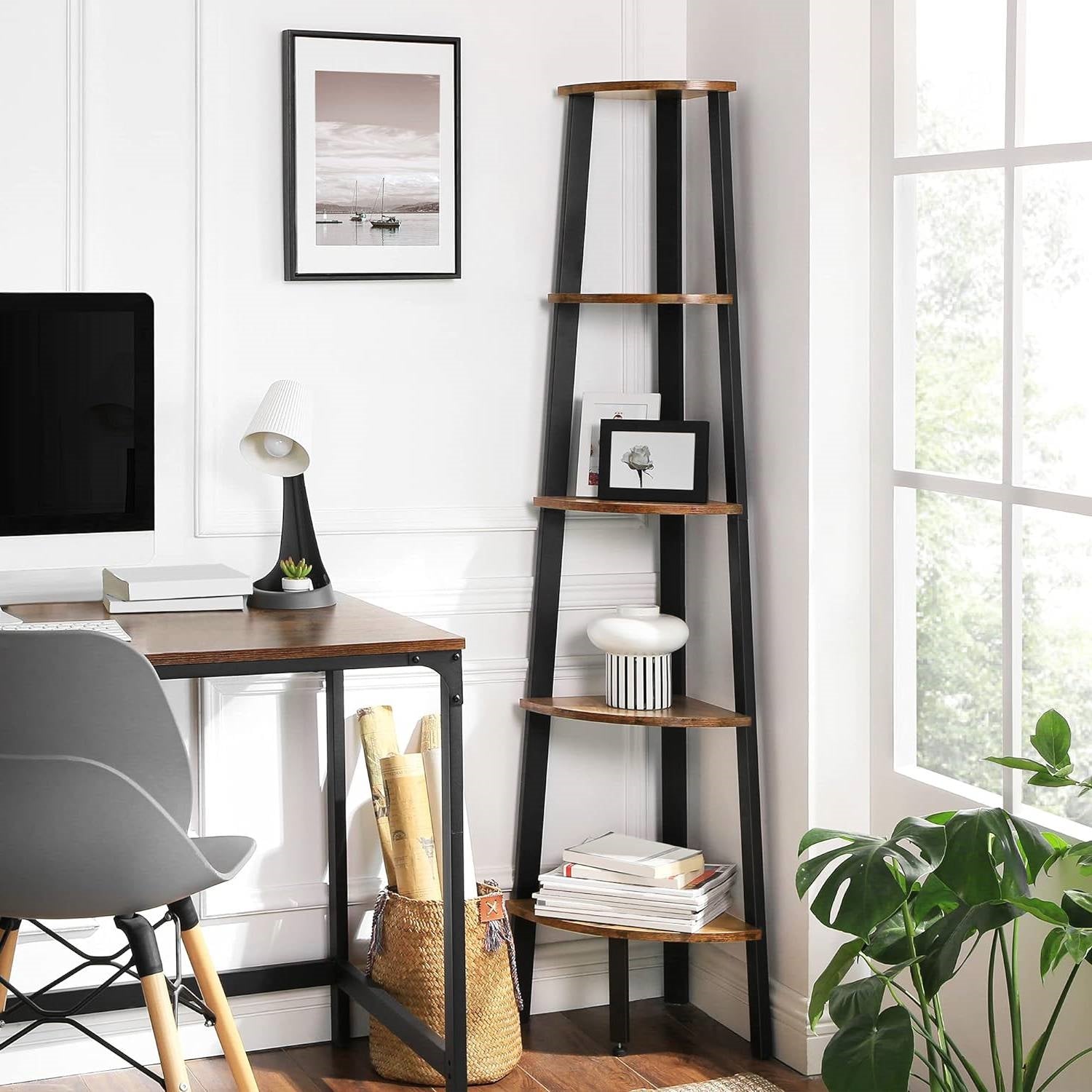 Modern 4-Shelf Brown Black Corner Shelving Unit Slim Bookcase - Tampa Home & Garden Store
