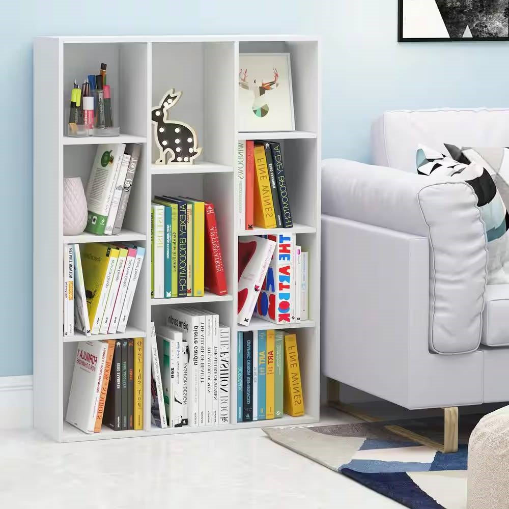 Modern 42-inch High Bookcase with 11-Cube Open Shelves in White Wood Finish - Tampa Home & Garden Store