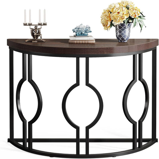 Modern 43-inch Half Moon Accent Console Table with Brown Wood Top Black Frame - Tampa Home & Garden Store