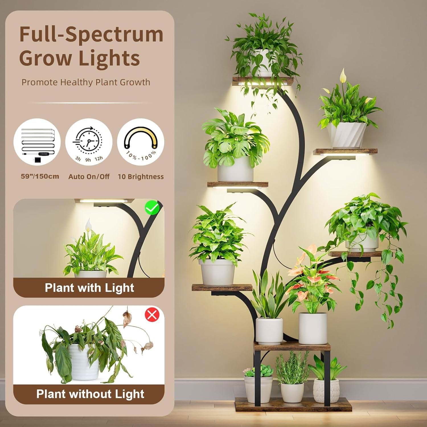 Modern 49-inch Tall Indoor Plant Stand Display Shelf with Grow Lights - Tampa Home & Garden Store