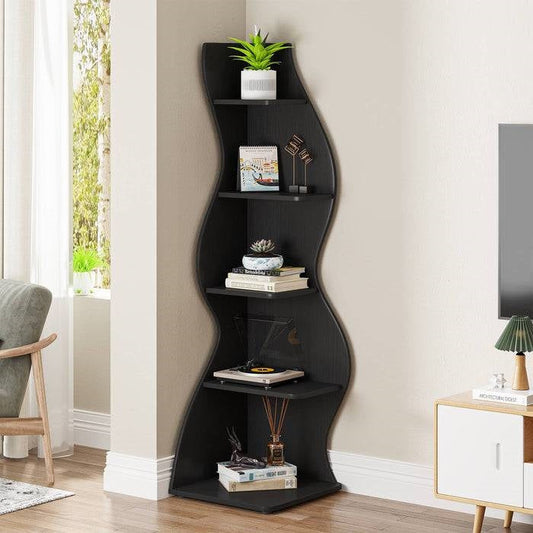 Modern 5 Shelf Corner Bookcase in Black Wood Finish - Tampa Home & Garden Store