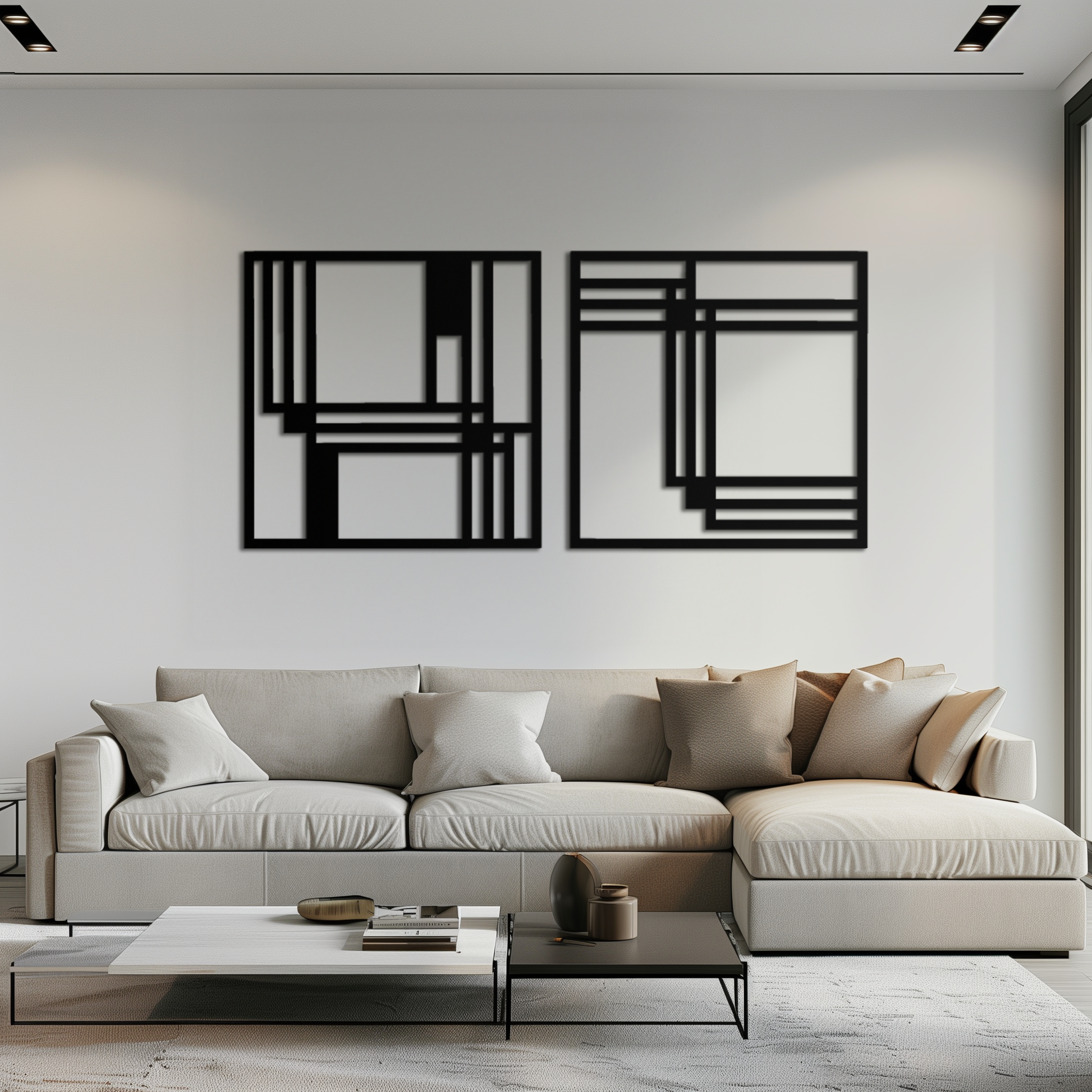 Modern Abstract Rectangles Metal Wall Art – Geometric Minimalist Black Steel Decor, 2 Panel Set for Contemporary Interiors- KAF433 - Tampa Home & Garden Store