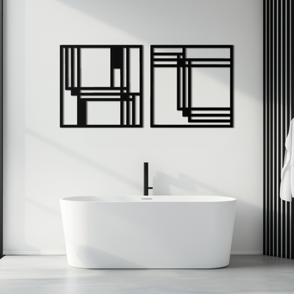 Modern Abstract Rectangles Metal Wall Art – Geometric Minimalist Black Steel Decor, 2 Panel Set for Contemporary Interiors- KAF433 - Tampa Home & Garden Store