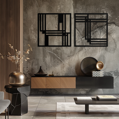 Modern Abstract Rectangles Metal Wall Art – Geometric Minimalist Black Steel Decor, 2 Panel Set for Contemporary Interiors- KAF433 - Tampa Home & Garden Store