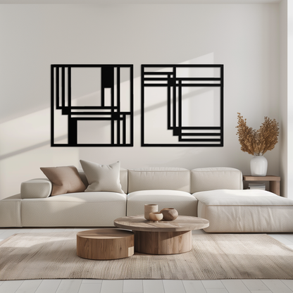 Modern Abstract Rectangles Metal Wall Art – Geometric Minimalist Black Steel Decor, 2 Panel Set for Contemporary Interiors- KAF433 - Tampa Home & Garden Store