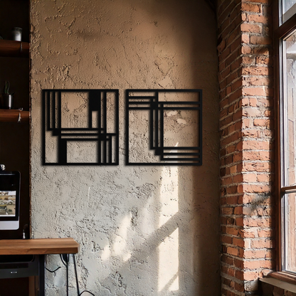 Modern Abstract Rectangles Metal Wall Art – Geometric Minimalist Black Steel Decor, 2 Panel Set for Contemporary Interiors- KAF433 - Tampa Home & Garden Store