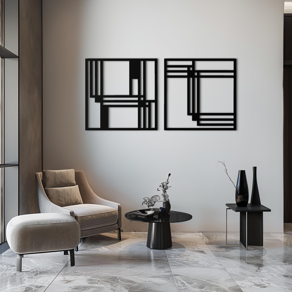 Modern Abstract Rectangles Metal Wall Art – Geometric Minimalist Black Steel Decor, 2 Panel Set for Contemporary Interiors- KAF433 - Tampa Home & Garden Store