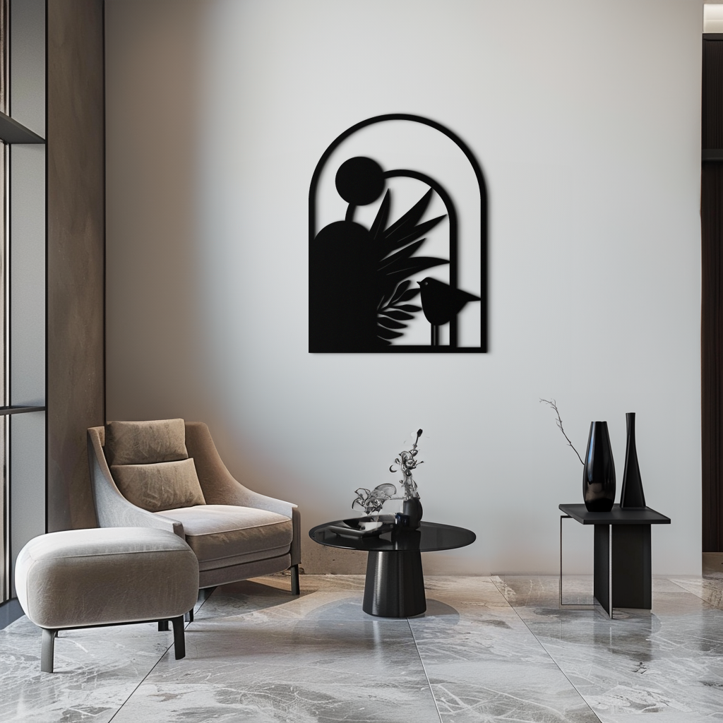 Modern Archway with Bird & Plants Metal Wall Art – Abstract Nature-Inspired Black Steel Decor for Contemporary Interiors- KAF438 - Tampa Home & Garden Store