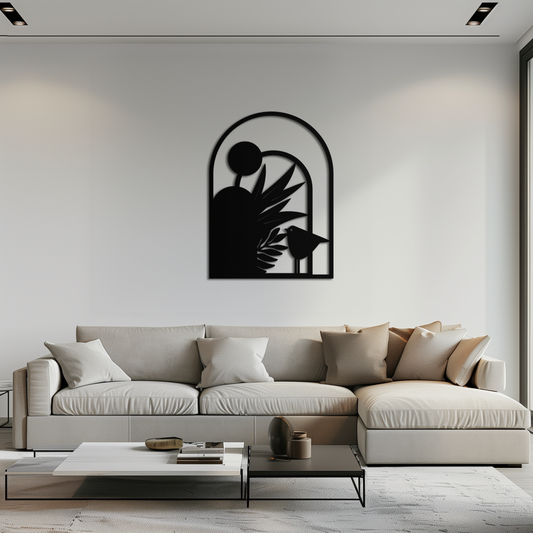Modern Archway with Bird & Plants Metal Wall Art – Abstract Nature-Inspired Black Steel Decor for Contemporary Interiors- KAF438 - Tampa Home & Garden Store