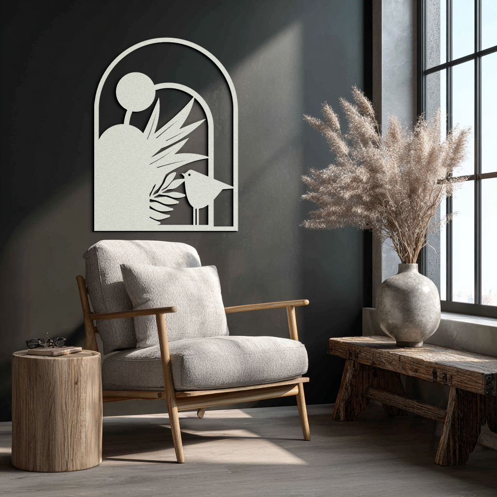 Modern Archway with Bird & Plants Metal Wall Art – Abstract Nature-Inspired Black Steel Decor for Contemporary Interiors- KAF438 - Tampa Home & Garden Store