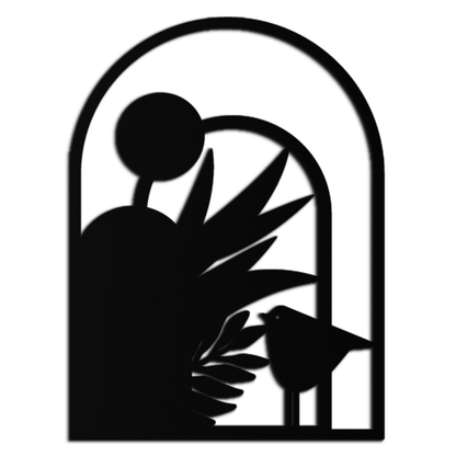 Modern Archway with Bird & Plants Metal Wall Art – Abstract Nature-Inspired Black Steel Decor for Contemporary Interiors- KAF438 - Tampa Home & Garden Store