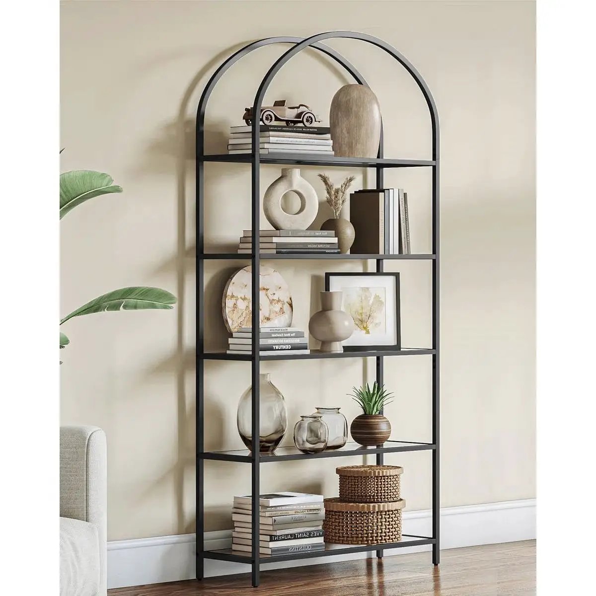 Modern Black Arched Top Display Bookcase 5 Glass Shelves - Tampa Home & Garden Store