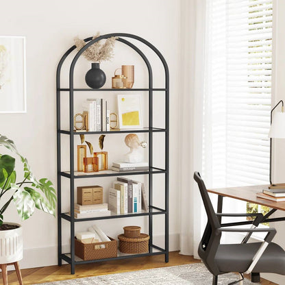 Modern Black Arched Top Display Bookcase 5 Glass Shelves - Tampa Home & Garden Store