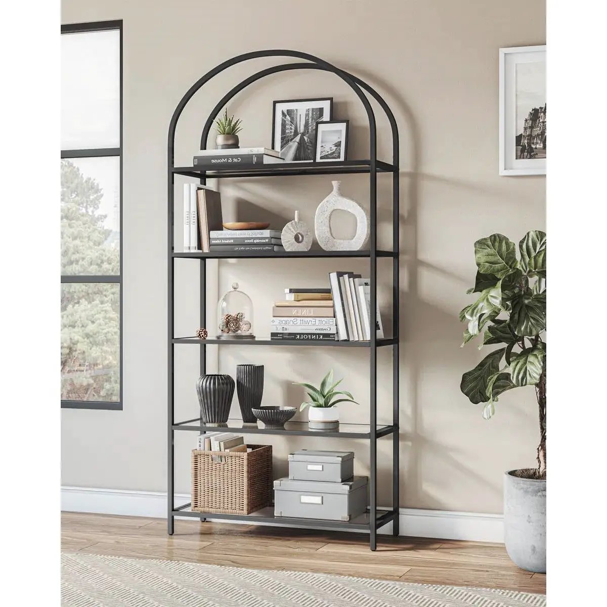Modern Black Arched Top Display Bookcase 5 Glass Shelves - Tampa Home & Garden Store
