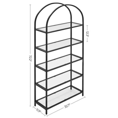 Modern Black Arched Top Display Bookcase 5 Glass Shelves - Tampa Home & Garden Store