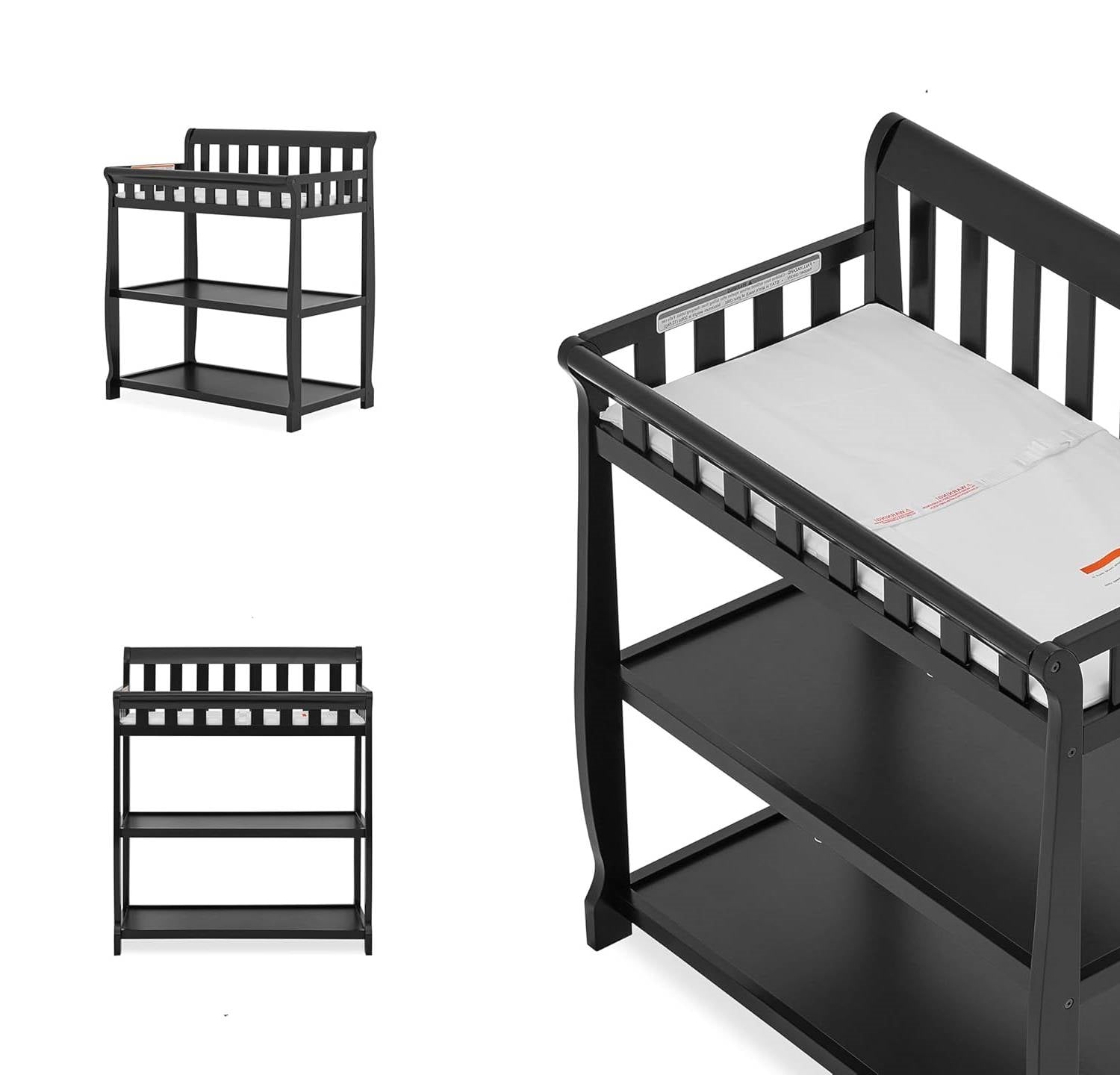 Modern Black Wooden Baby Changing Table with Safety Rail Mattress Pad and Strap - Tampa Home & Garden Store