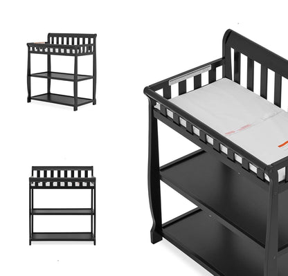 Modern Black Wooden Baby Changing Table with Safety Rail Mattress Pad and Strap - Tampa Home & Garden Store