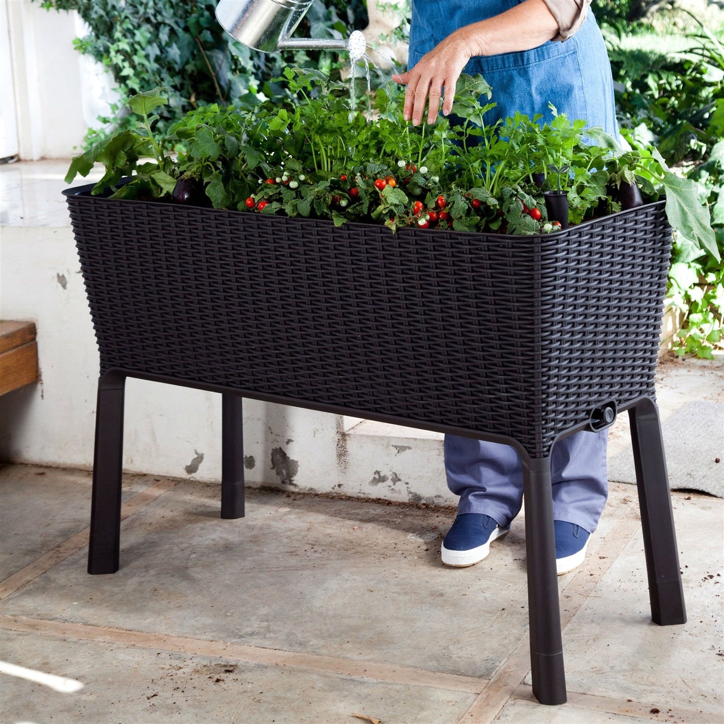 Modern Dark Brown Resin Wicker Raised Garden Bed Planter with Water Indicator - Tampa Home & Garden Store