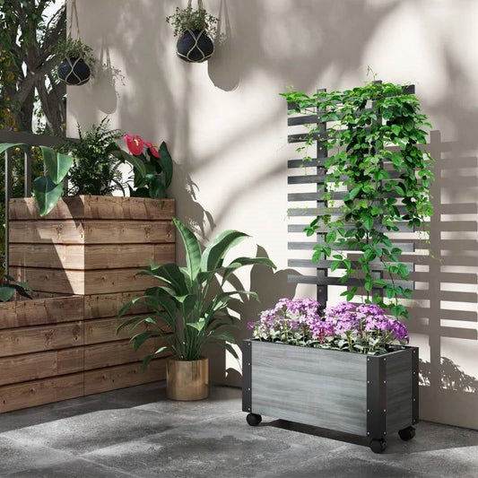 Modern Farmhouse Grey Wood Raised Garden Bed Planter on Wheels with Trellis - Tampa Home & Garden Store