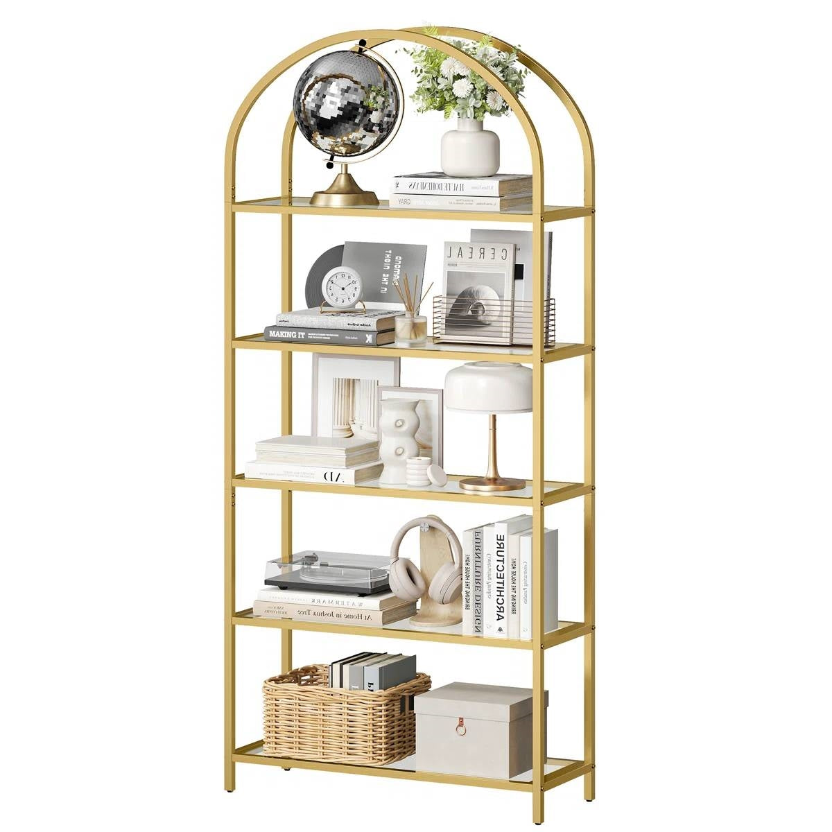 Modern Gold Metal Arched Top Display Rack Bookcase with 5 Glass Storage Shelves - Tampa Home & Garden Store