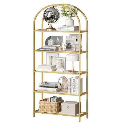Modern Gold Metal Arched Top Display Rack Bookcase with 5 Glass Storage Shelves - Tampa Home & Garden Store