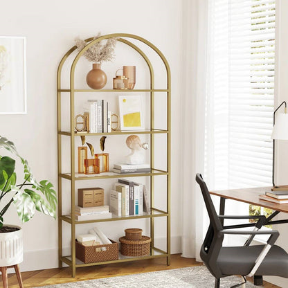 Modern Gold Metal Arched Top Display Rack Bookcase with 5 Glass Storage Shelves - Tampa Home & Garden Store