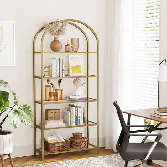 Modern Gold Metal Arched Top Display Rack Bookcase with 5 Glass Storage Shelves - Tampa Home & Garden Store