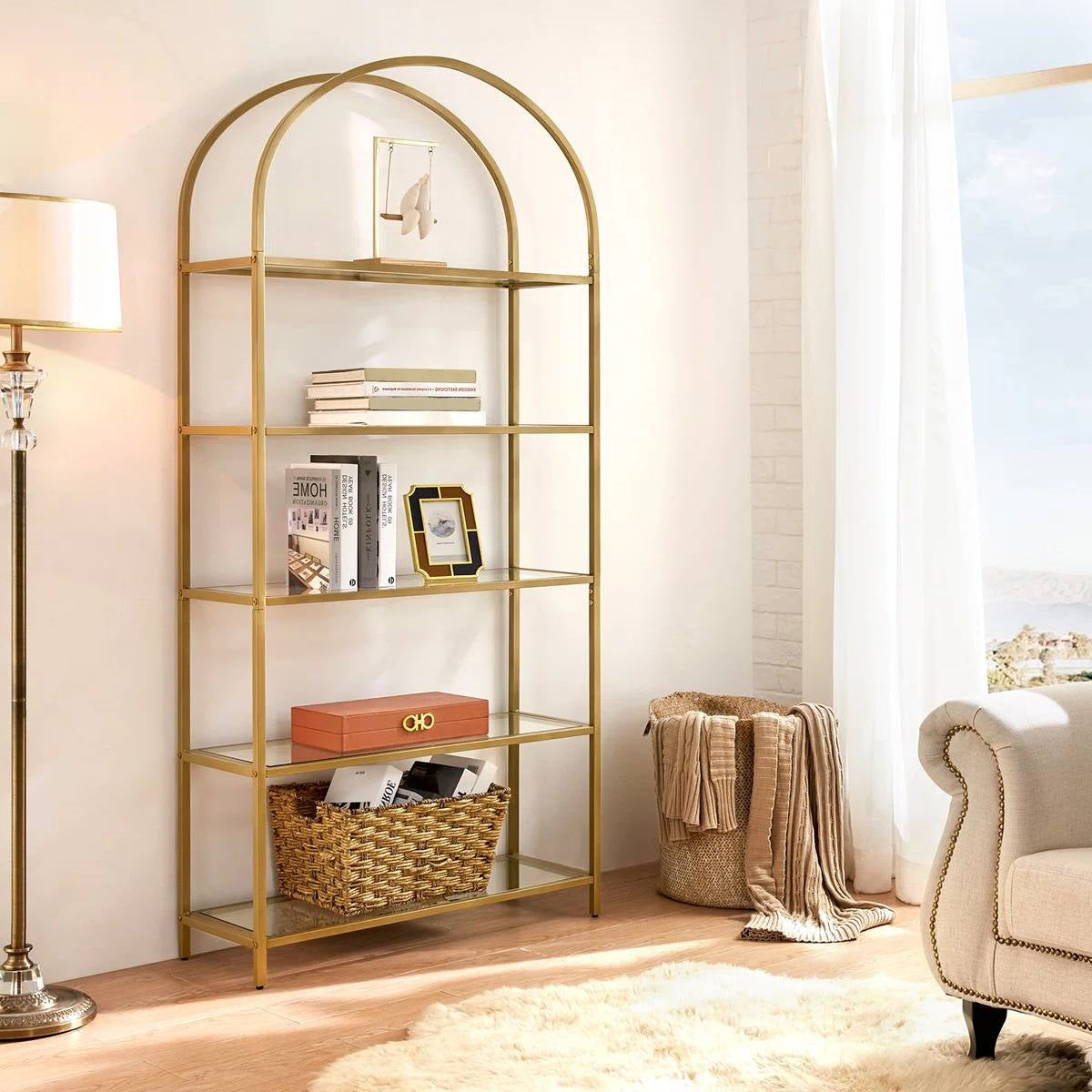 Modern Gold Metal Arched Top Display Rack Bookcase with 5 Glass Storage Shelves - Tampa Home & Garden Store