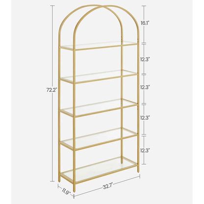 Modern Gold Metal Arched Top Display Rack Bookcase with 5 Glass Storage Shelves - Tampa Home & Garden Store