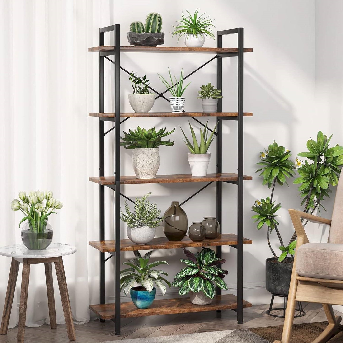 Modern Industrial 5-Shelf Bookcase with Sturdy Metal Frame and Wooden Shelves - Tampa Home & Garden Store