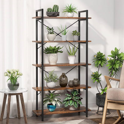 Modern Industrial 5-Shelf Bookcase with Sturdy Metal Frame and Wooden Shelves - Tampa Home & Garden Store