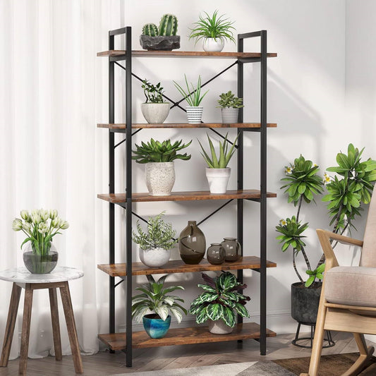Modern Industrial 5-Shelf Bookcase with Sturdy Metal Frame and Wooden Shelves - Tampa Home & Garden Store