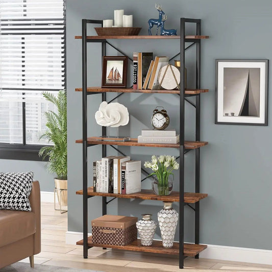 Modern Industrial Five Shelf Bookcase with black metal frame and warm wood shelves on Tampa Home & Garden Store
