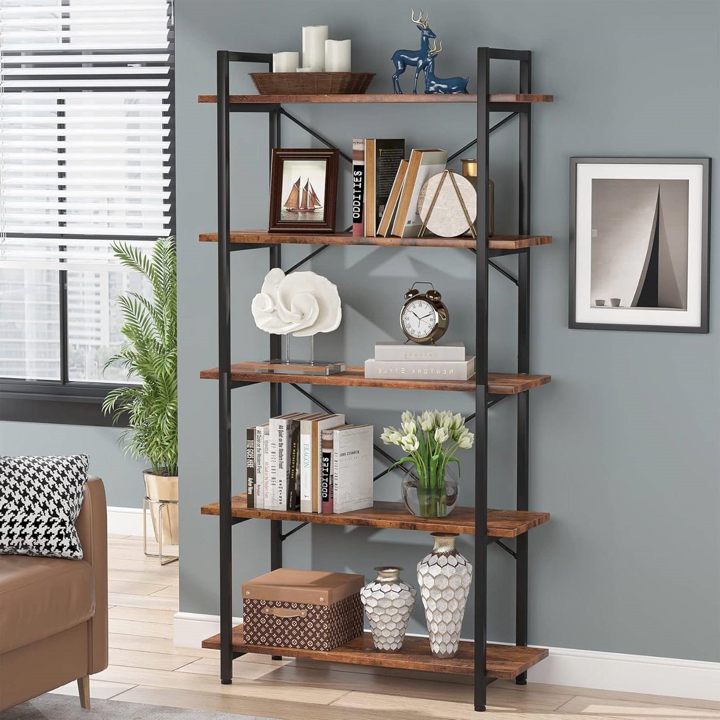 Modern Industrial 5-Shelf Bookcase with Sturdy Metal Frame and Wooden Shelves - Tampa Home & Garden Store