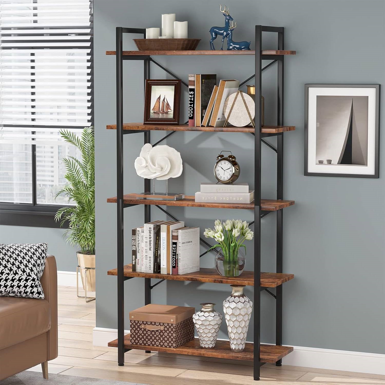 Modern Industrial 5-Shelf Bookcase with Sturdy Metal Frame and Wooden Shelves - Tampa Home & Garden Store