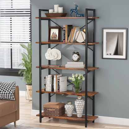 Modern Industrial 5-Shelf Bookcase with Sturdy Metal Frame and Wooden Shelves - Tampa Home & Garden Store