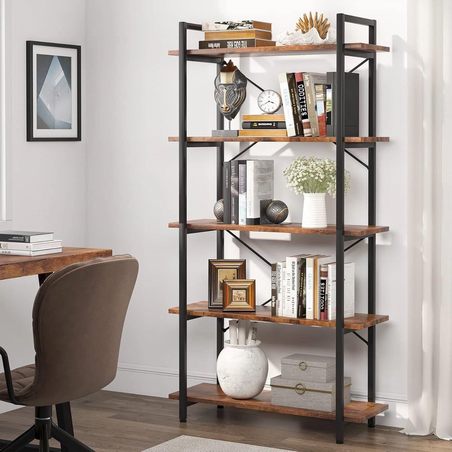 Modern Industrial 5-Shelf Bookcase with Sturdy Metal Frame and Wooden Shelves - Tampa Home & Garden Store