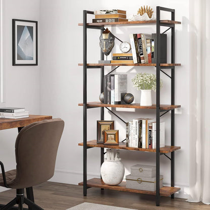Modern Industrial 5-Shelf Bookcase with Sturdy Metal Frame and Wooden Shelves - Tampa Home & Garden Store