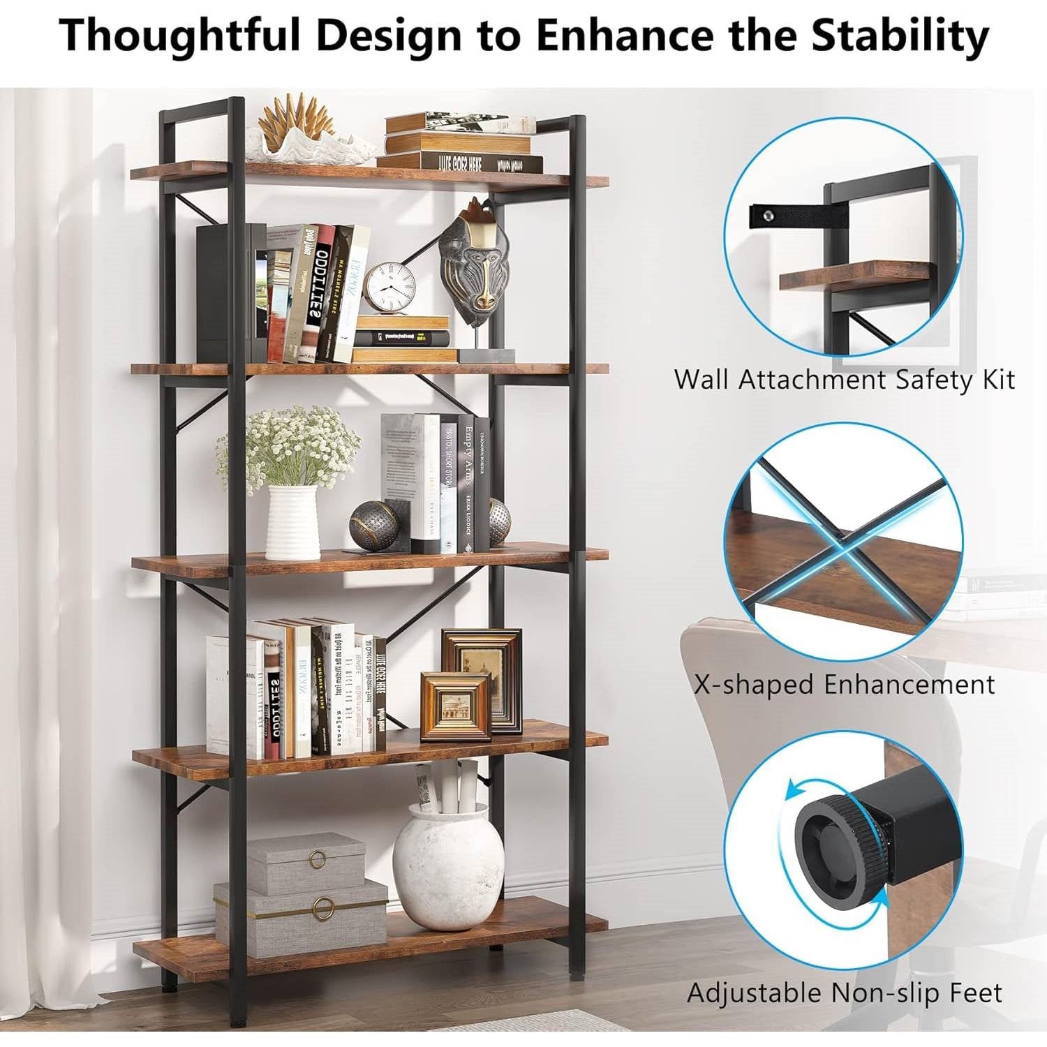 Modern Industrial 5-Shelf Bookcase with Sturdy Metal Frame and Wooden Shelves - Tampa Home & Garden Store
