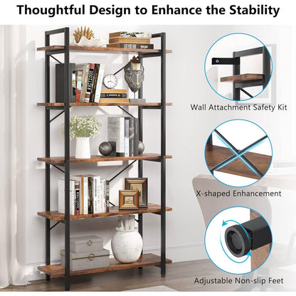 Modern Industrial 5-Shelf Bookcase with Sturdy Metal Frame and Wooden Shelves - Tampa Home & Garden Store