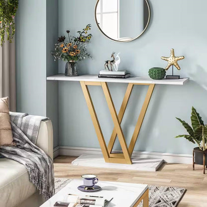 Modern Industrial Console Table with Faux White Marble Top and Gold Frame - Tampa Home & Garden Store