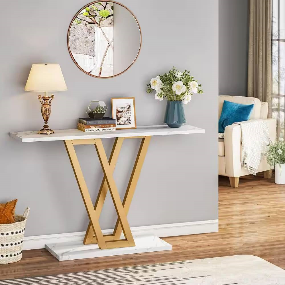Modern Industrial Console Table with Faux White Marble Top and Gold Frame - Tampa Home & Garden Store
