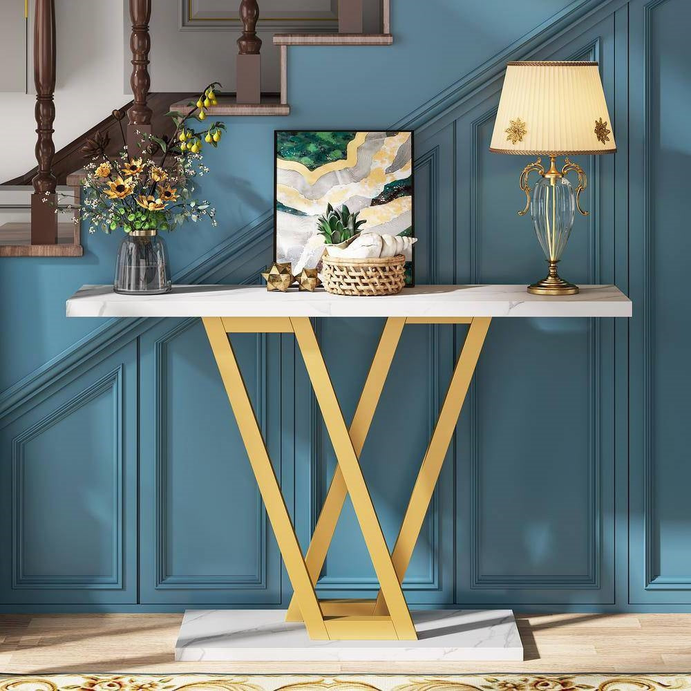 Modern Industrial Console Table with Faux White Marble Top and Gold Frame - Tampa Home & Garden Store