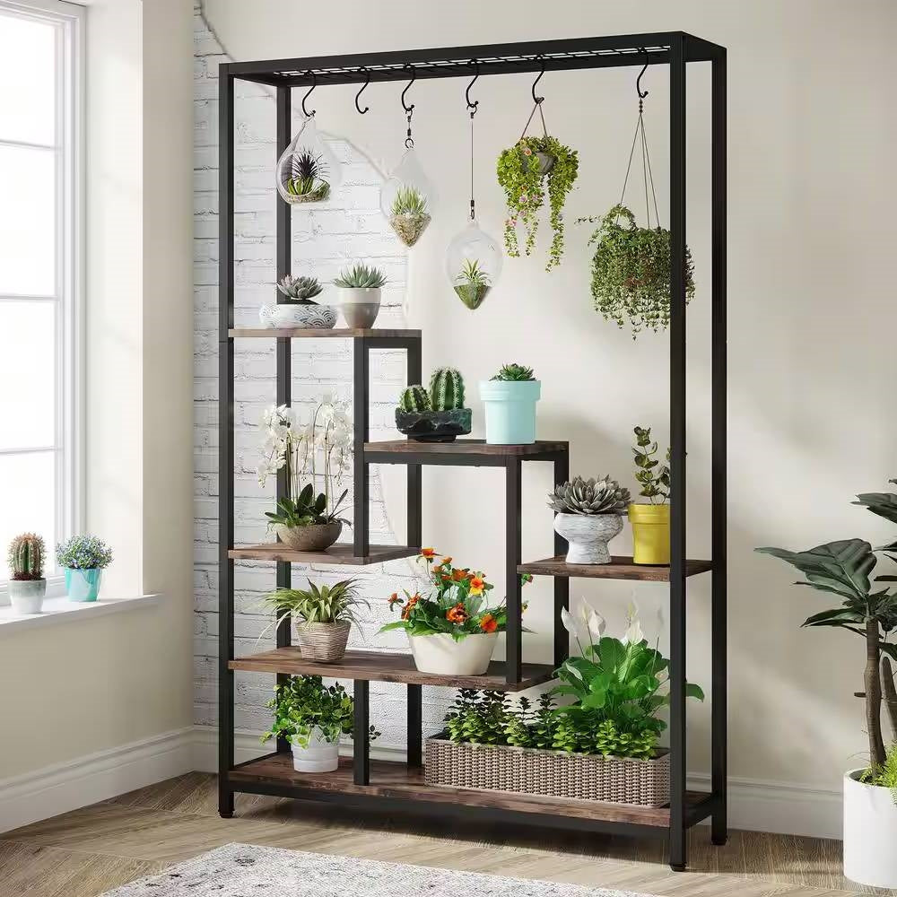 Modern Industrial Heavy Duty Metal Wood Plant Stand with 10 Hanging Hooks - Tampa Home & Garden Store