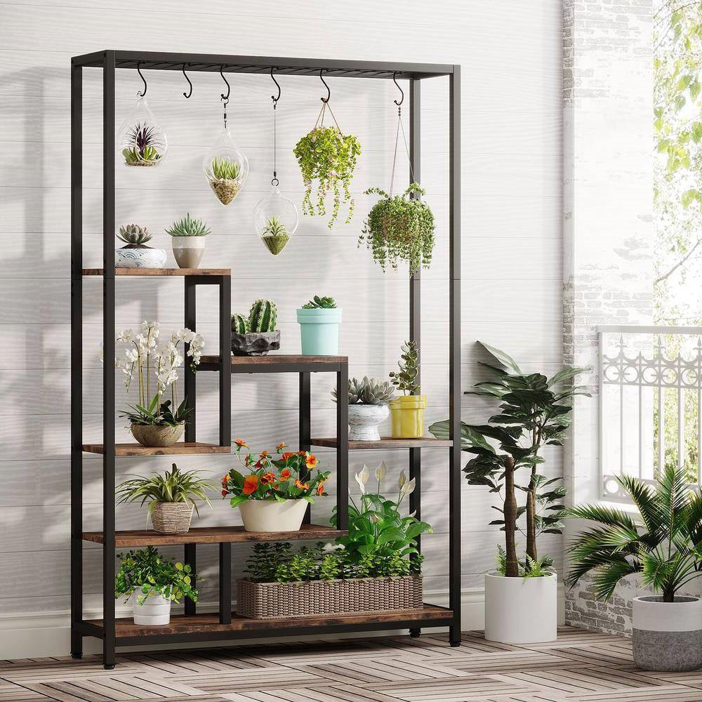 Modern Industrial Heavy Duty Metal Wood Plant Stand with 10 Hanging Hooks - Tampa Home & Garden Store