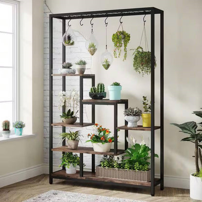 Modern Industrial Heavy Duty Metal Wood Plant Stand with 10 Hanging Hooks - Tampa Home & Garden Store