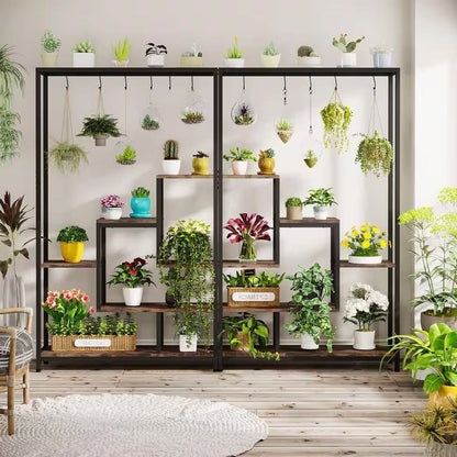 Modern Industrial Heavy Duty Metal Wood Plant Stand with 10 Hanging Hooks - Tampa Home & Garden Store